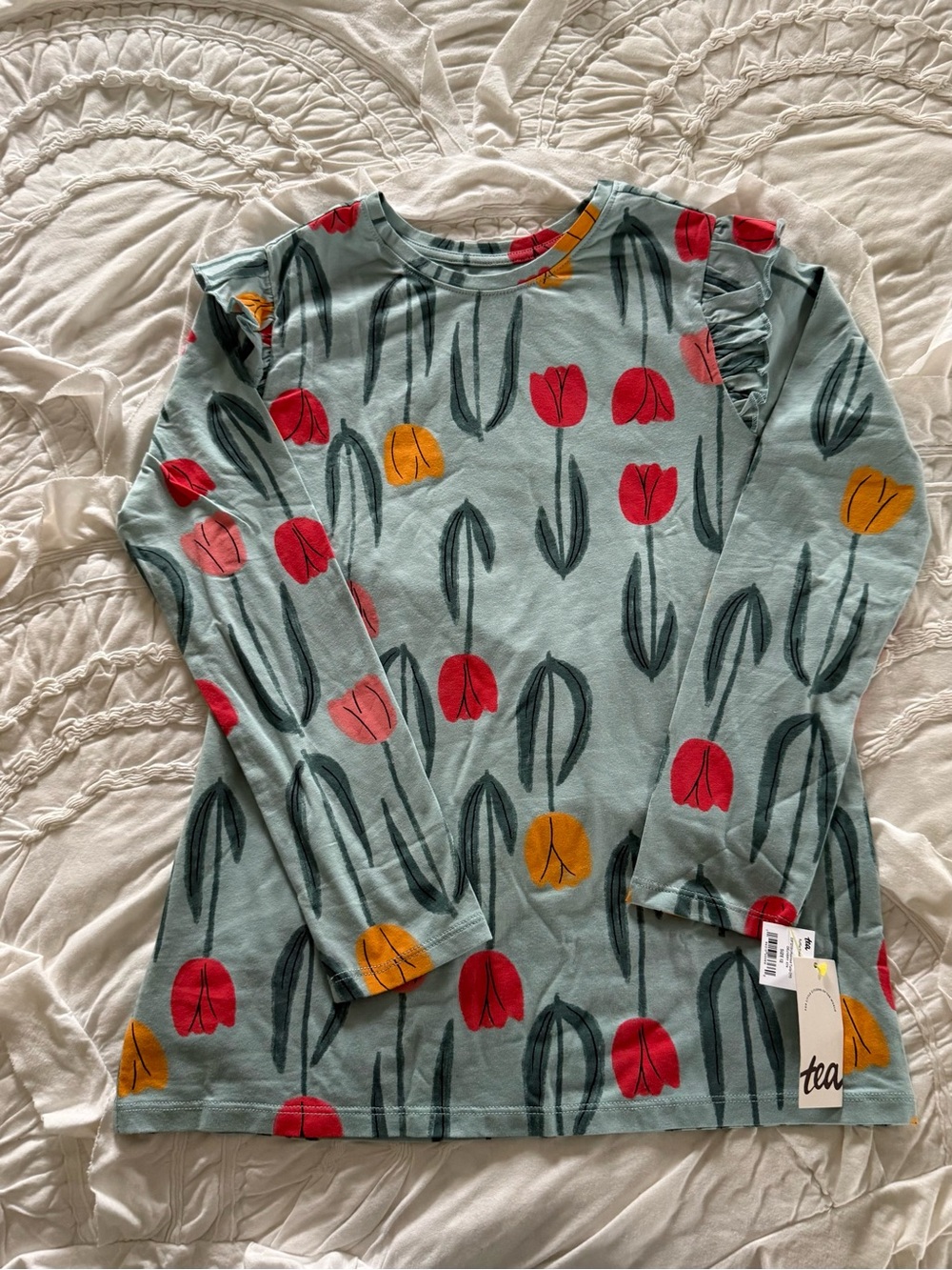 NWT Tea Collection Girls Light Blue Tulip Ruffle Long Sleeve Top size 12